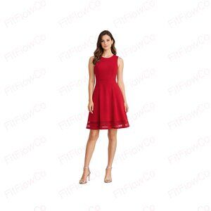 Calvin Klein Red Fit Flare Cocktail Dress Petite 6 Sleeveless Mesh Hem